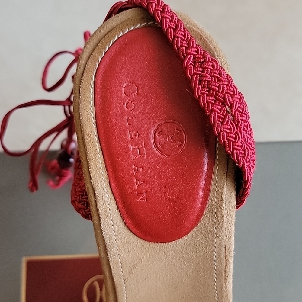COLE HAAN Lyris Red Macrame Woven Sandal Rope Open Toe Ankle Wrap Cork Heel - Picture 7 of 8